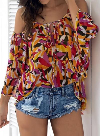 Oasap Spaghetti Strap Off Shoulder Long Sleeve Chiffon Blouse