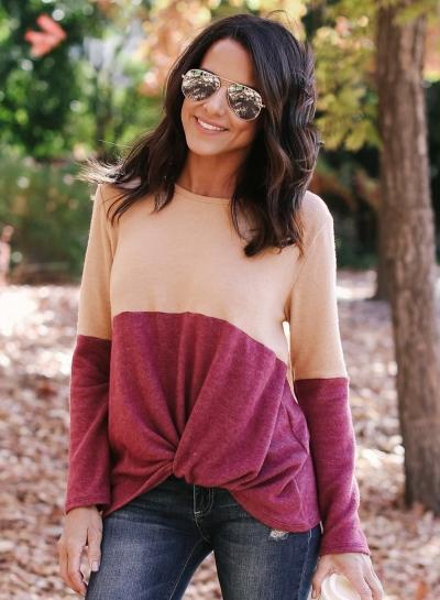 Oasap Round Neck Long Sleeve Color Spliicng Pullover Knitwear