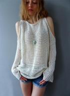 Oasap Solid Off Shoulder Long Sleeve Knit Pullover Sweater