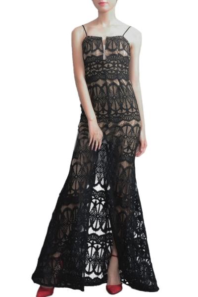 Oasap Wome's Spaghetti Strap Crochet Lace Front Slit Dress