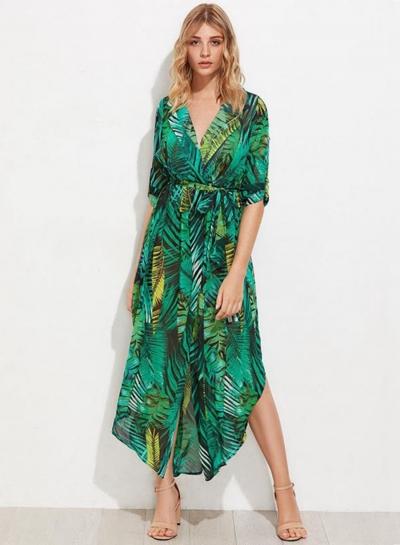 Oasap Plantain Leaf Print V Neck Half Sleeve High Slit Maxi Dress
