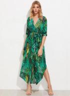 Oasap Plantain Leaf Print V Neck Half Sleeve High Slit Maxi Dress