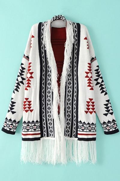Oasap Stylish Geometric Knitted Tassel Edging Cardigan