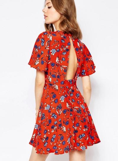 Oasap Floral Printed Short Sleeve Backless A-line Dress