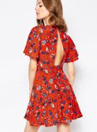 Oasap Floral Printed Short Sleeve Backless A-line Dress