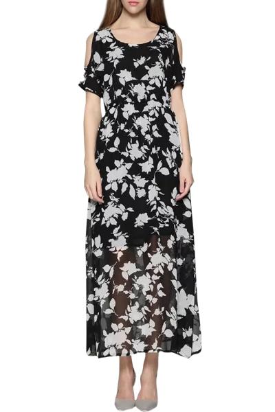 Oasap Women Floral Print Open Shoulder Scoop Neck Chiffon Dress