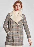 Oasap Turn Down Collar Long Sleeve Plaid Lamb Wool Coat