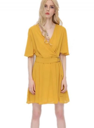 Oasap Solid V Neck Short Sleeve Dress With Belt