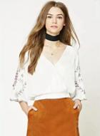 Oasap Deep V Neck Flare Sleeve Embroidery Blouse