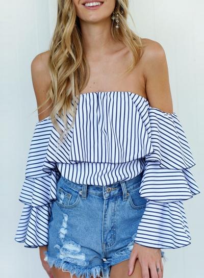 Oasap Off Shoulder Flare Sleeve Ruffle Stripe Blouse