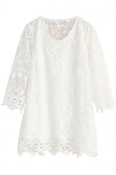 Oasap Sweet White Organza Scalloped-hem Blouse