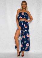 Oasap Strapless Floral Print Blouse Slit Pants Set