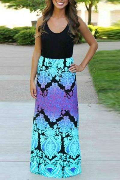 Oasap Black Aqua Color Block Floral Maxi Dress