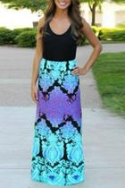 Oasap Black Aqua Color Block Floral Maxi Dress