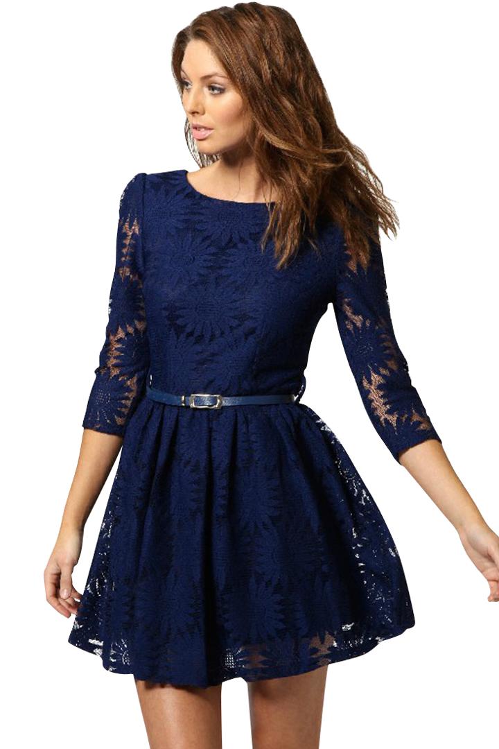 Oasap Sunflower Crochet Lace Skater Dress With Free Belt