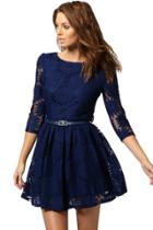 Oasap Sunflower Crochet Lace Skater Dress With Free Belt