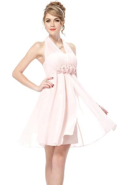 Oasap Sweet Halter Pink Flowers Short Bridesmaids Dress