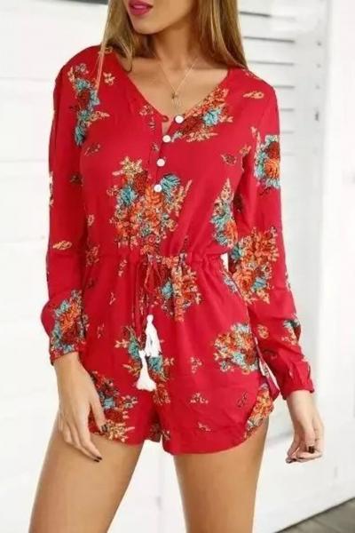 Oasap Floral Print Button Down Fly Romper