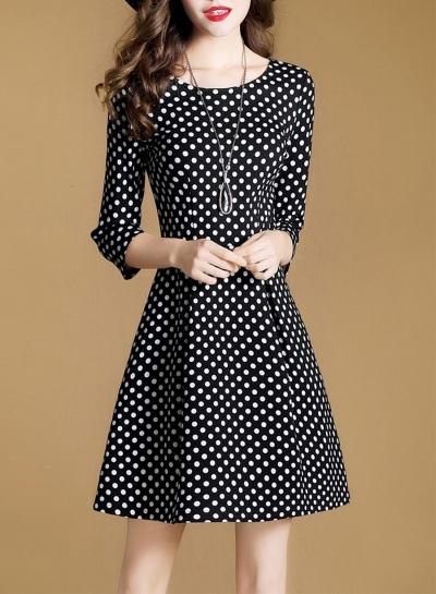 Oasap Polka Dot Round Neck 3/4 Sleeve A-line Dress