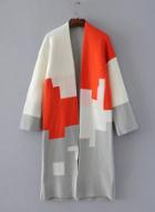 Oasap Open Front Long Sleeve Color Block Cardigan