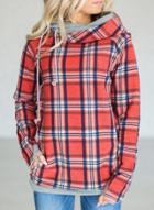 Oasap Long Sleeve Drawstring Hood Pullover Plaid Sweatshirt