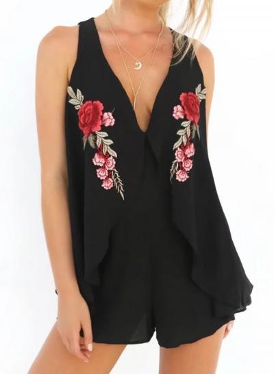Oasap V Neck Floral Embroidery Romper