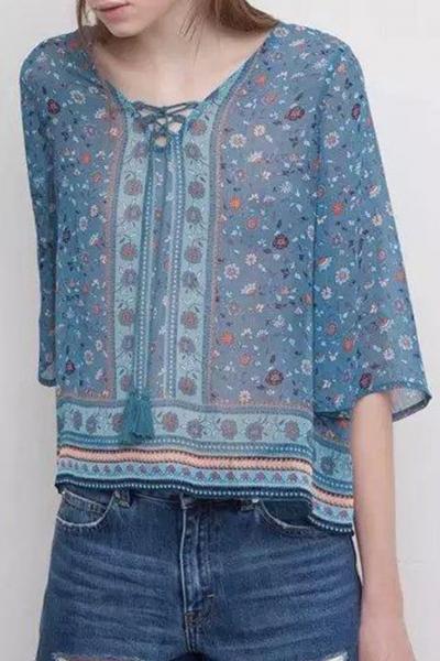 Oasap Vintage Floral Batwing Chiffon Blouse