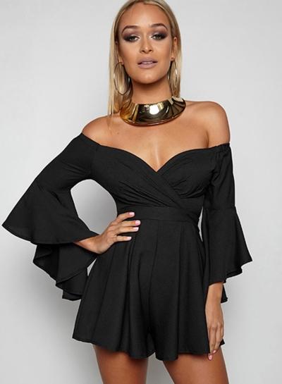 Oasap Off Shoulder Flare Sleeve High Waist Romper