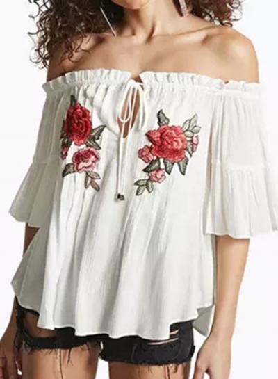 Oasap Slash Neck Half Sleeve Rose Embroidery Lace Up Blouse