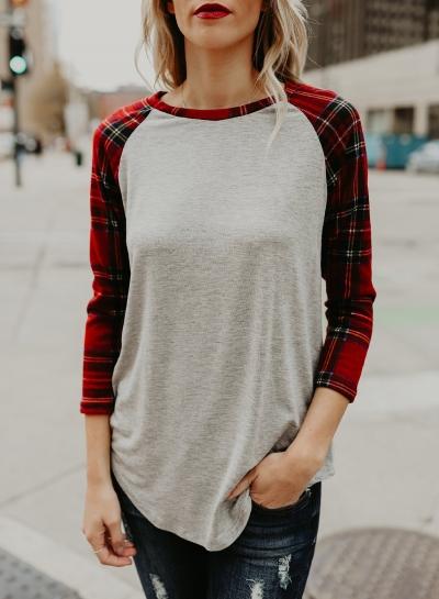 Oasap Round Neck Plaid Sleeve Knit Tee Shirt