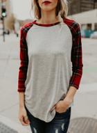 Oasap Round Neck Plaid Sleeve Knit Tee Shirt