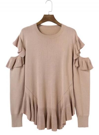 Oasap Round Neck Off Shoulder Long Sleeve Flounce Hem Sweater