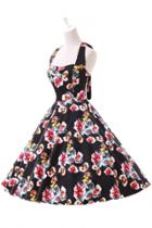 Oasap Vintage Floral Print Halter Pleated Swing Midi Dress