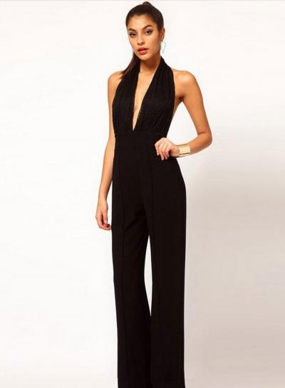 Oasap Fashion Halter V Neck Backless Wide Leg Jumpsuit