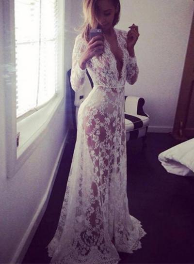 Oasap Sexy V Neck Long Sleeve Lace Maxi Dresses