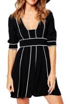 Oasap Women Color Block Square Neck Half Sleeve Swing Dress