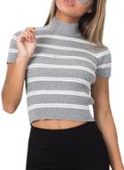 Oasap Women's Short Sleeve Striped Knitted Sweater Crop Top