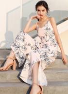 Oasap Fashion Floral Printed Sleeveless Strap Slit Wide Leg Jumpsuits