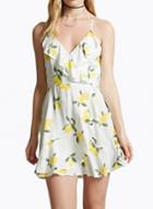 Oasap Spaghetti Strap Flounce Panel Lemon Print Mini Dress