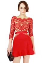 Oasap Sunrise Red Patched Lace Flounced Dress