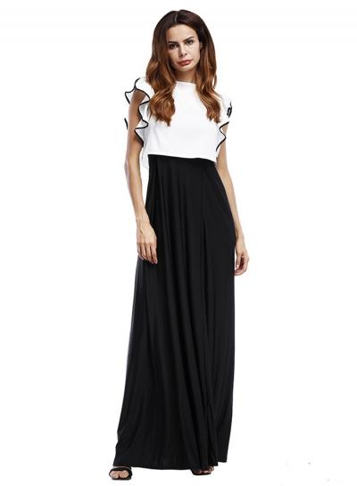 Oasap Fashion Ruffle Sleeve Contrast Color Maxi Dress