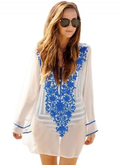 Oasap White V Neck Floral Embroidery Sheer Beachwear