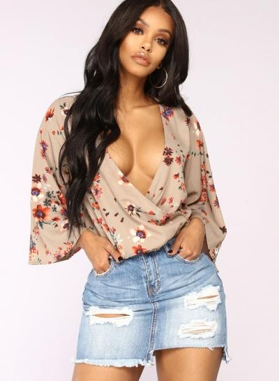 Oasap Fashion Sexy Loose Floral Printed Long Sleeve V Neck Women Chiffon Blouse