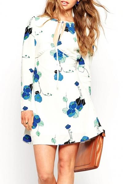 Oasap Vintage Floral Print Lace-up Front A-line Dress