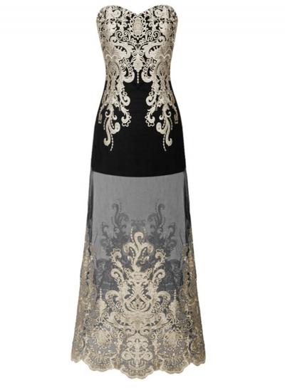 Oasap Strapless Off Shoudler Sleeveless Embroidery Long Prom Dress