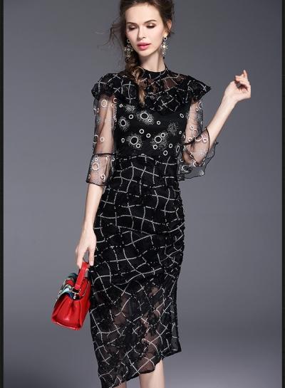 Oasap Black Mesh Sheer Midi Dress