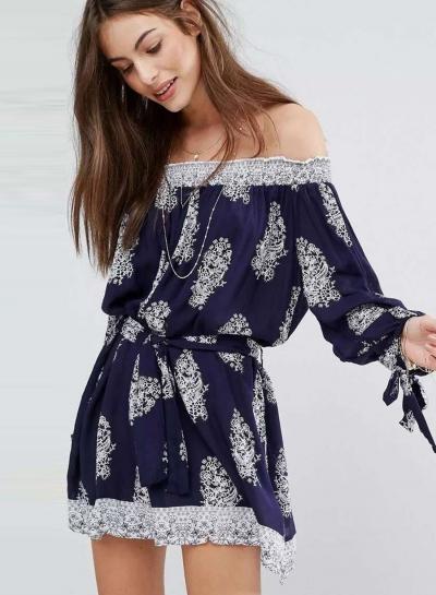 Oasap Off Shoulder Long Sleeve Tie Waist Dress