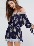 Oasap Off Shoulder Long Sleeve Tie Waist Dress