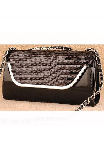 Oasap Sequin Detail Metal Trim Patent Leather Shoulder Bag