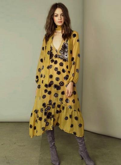 Oasap V Neck Lantern Sleeve Floral Print Dress